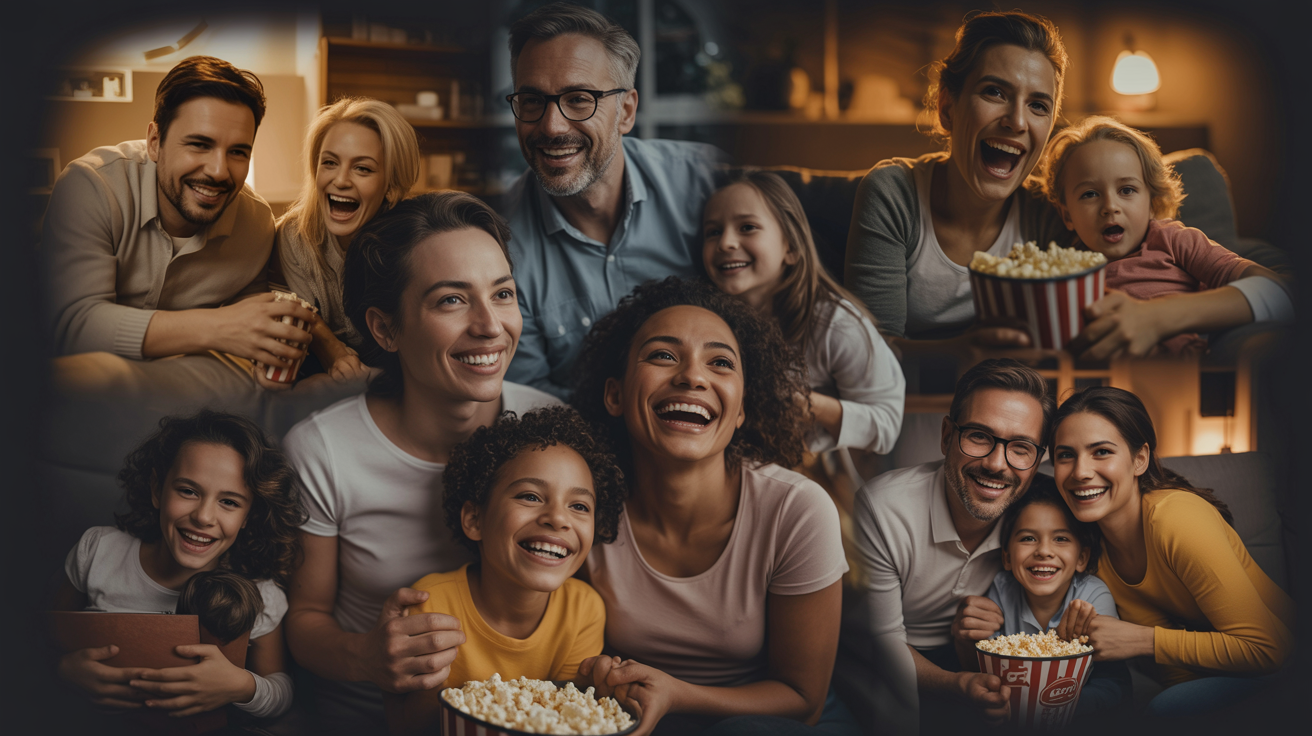 Families enjoying faith-based entertainment together with warm golden tones